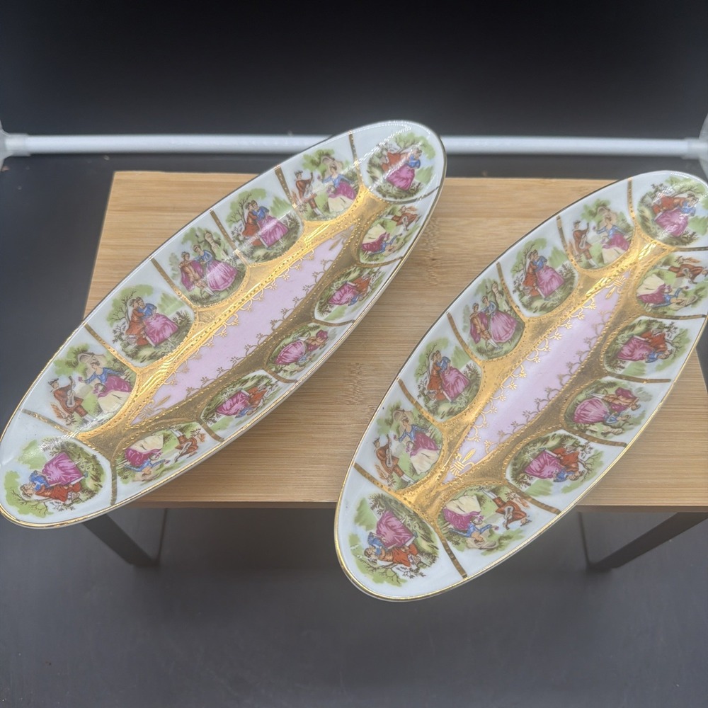 Set Of 2 Vintage ROYAL VIENNA 1102 Oblong Serving Dishes Gold Trim Victorian